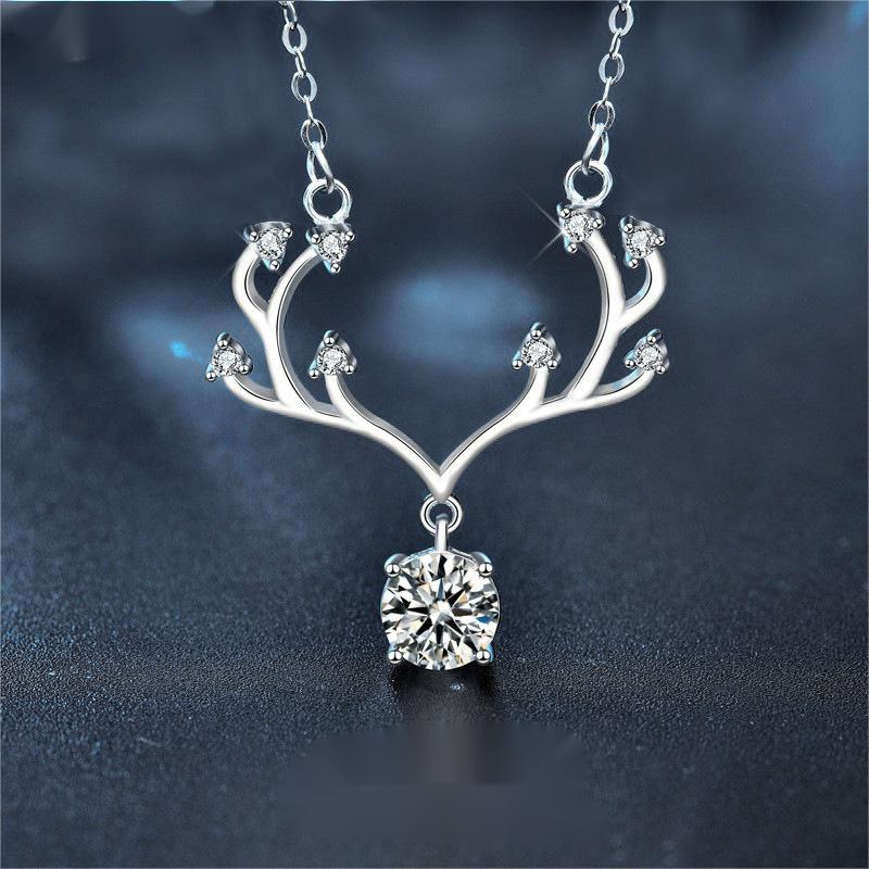925 Sterling Silver Antler Pendant Necklace with Moissanite, Unique Christmas Gift for Women, Delicate Collarbone Chain Jewelry