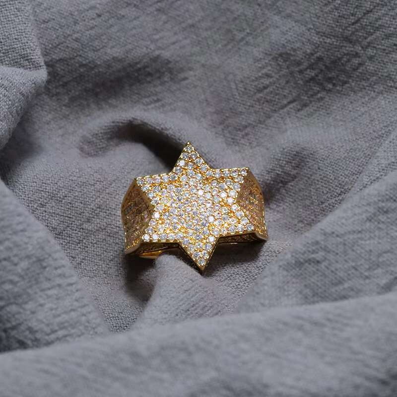 Custom Made Jewellery High End Luxury 14K Real Yellow Gold Iced Out Moissanite Hip Hop Star Ring for Men Wedding Engagement