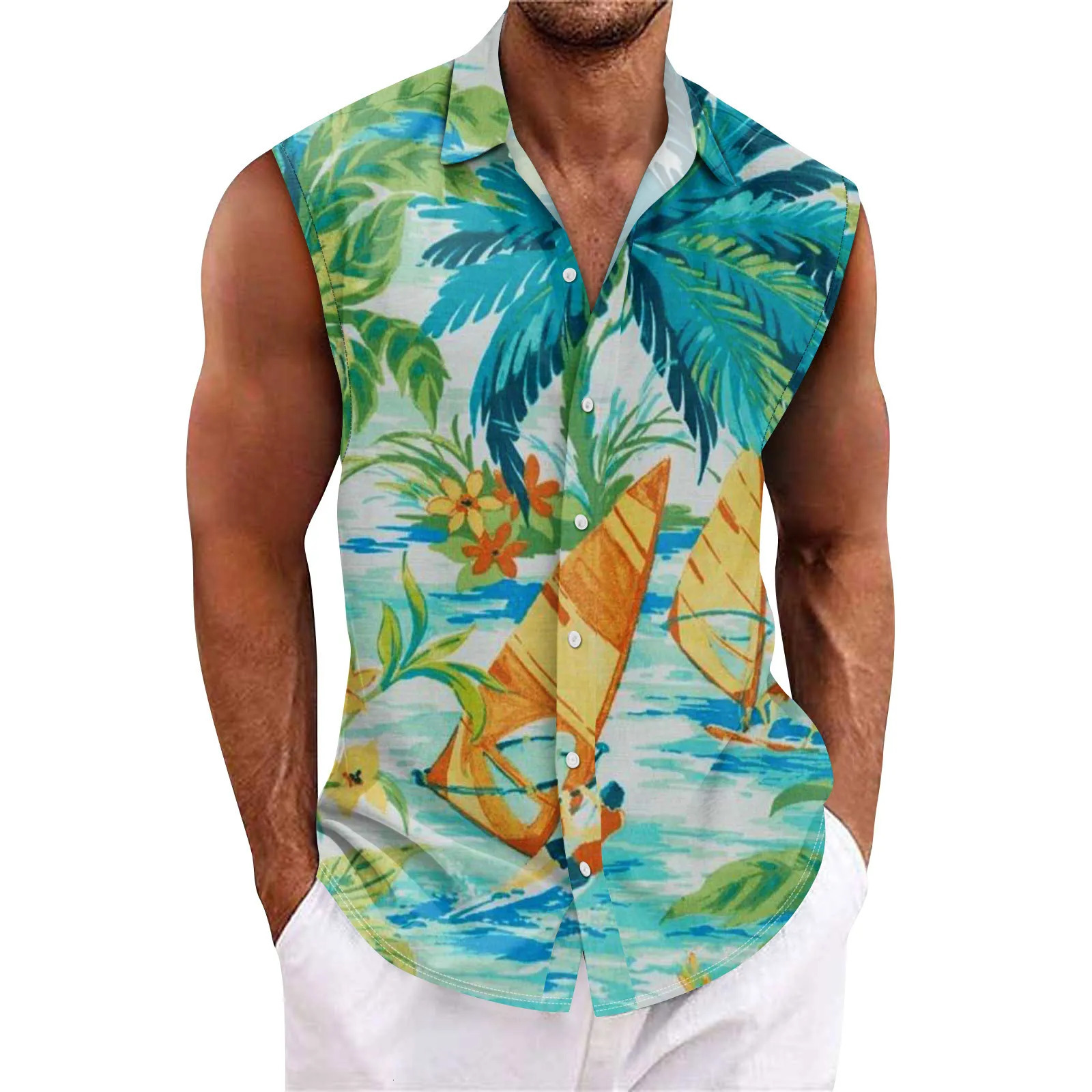 Mens summer surfing beach vest casual sleeveless shirt loose fitting Hawaiian underwear mens gym 250430