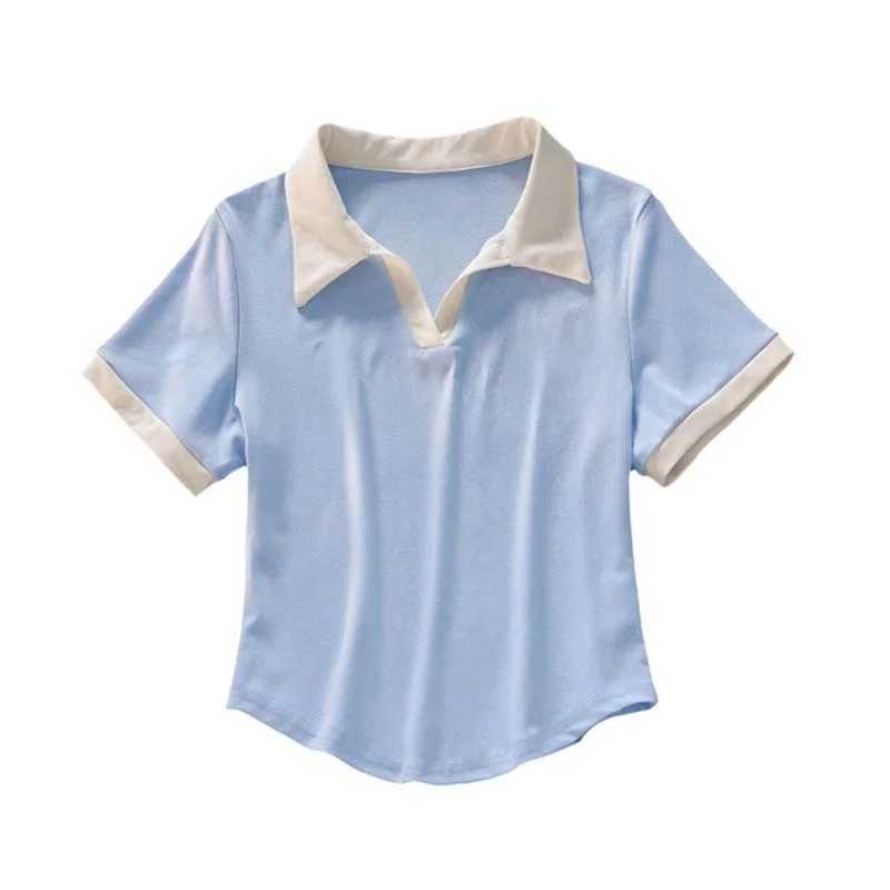 Streetwear fashion contrast color V-neck short sleeved polo shirt womens casual slim fit cotton polo shirt y2k top women M250506