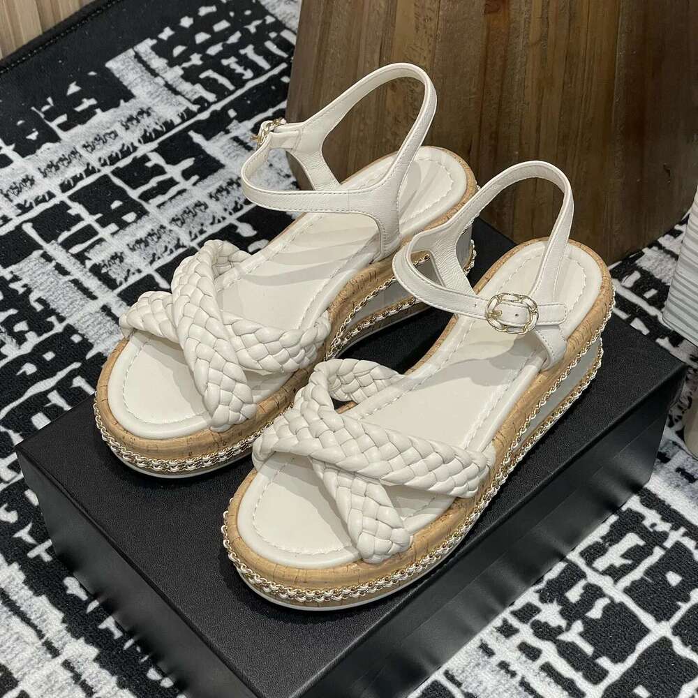 luxury Spring Summer Casual High Heels Solid Color Round Toe Shoes For Women Ankle Buckle Genuien Leather Sandals Size 35-41 New