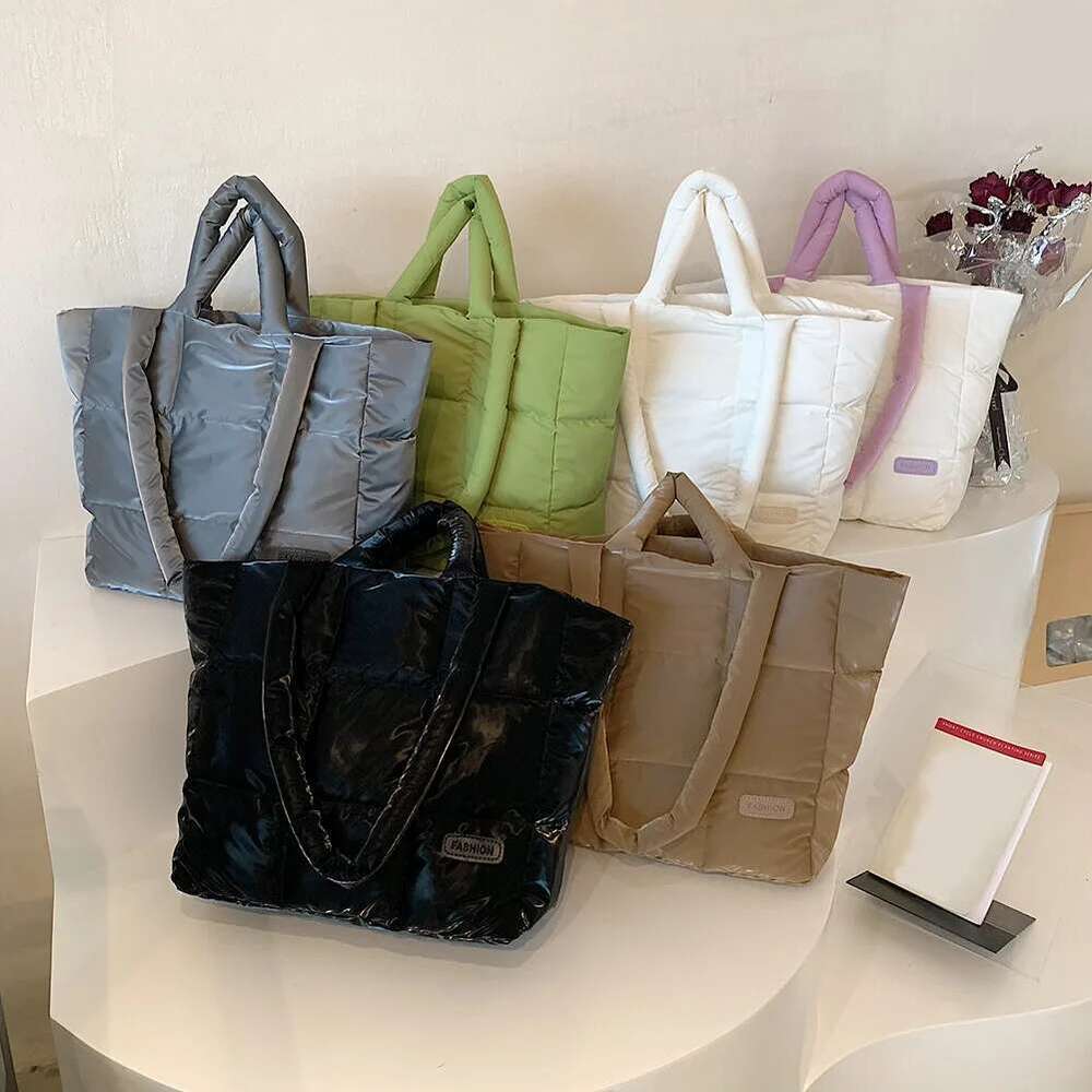 ddmy Padded Women Cotton Solid Color Checkered Quilted Handbag Large Capacity Casual Autumn Winter Female Bag