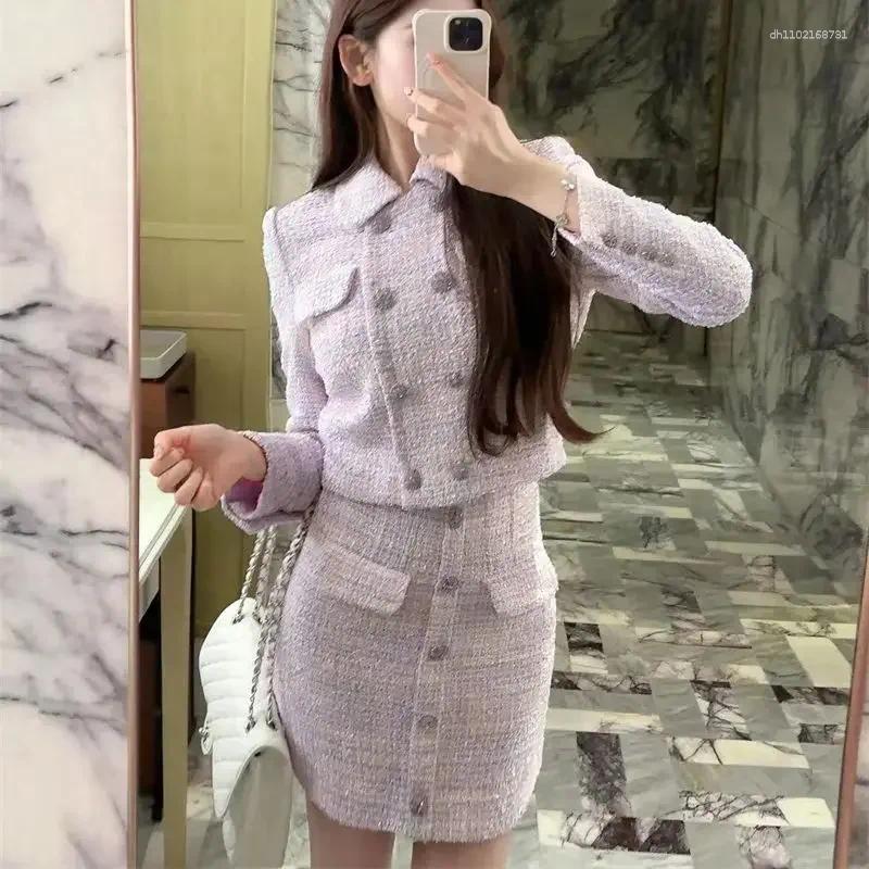 Work Dresses Luxury High End Tweed Women's Two Pieces Set Elegant Lapel Double Breasted Slim Short Coat Mini Skirt Fashion Suit