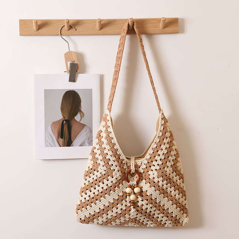 Summer Woven Bag Beach Bag Ethnic Single Shoulder Cotton Thread New Color Grandmother Grid Grass Woven Vacation Style Beach Bag Versatile Women S Bag 