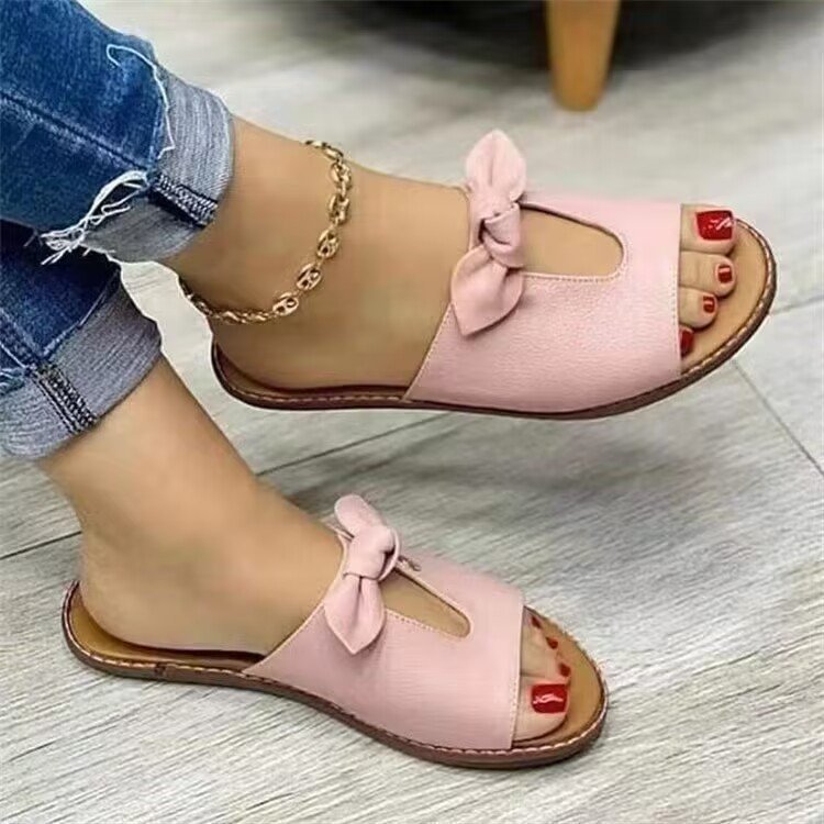 Womens Solid Color Bow Design Flat Bottom House Slippers for Comfortable Footwear