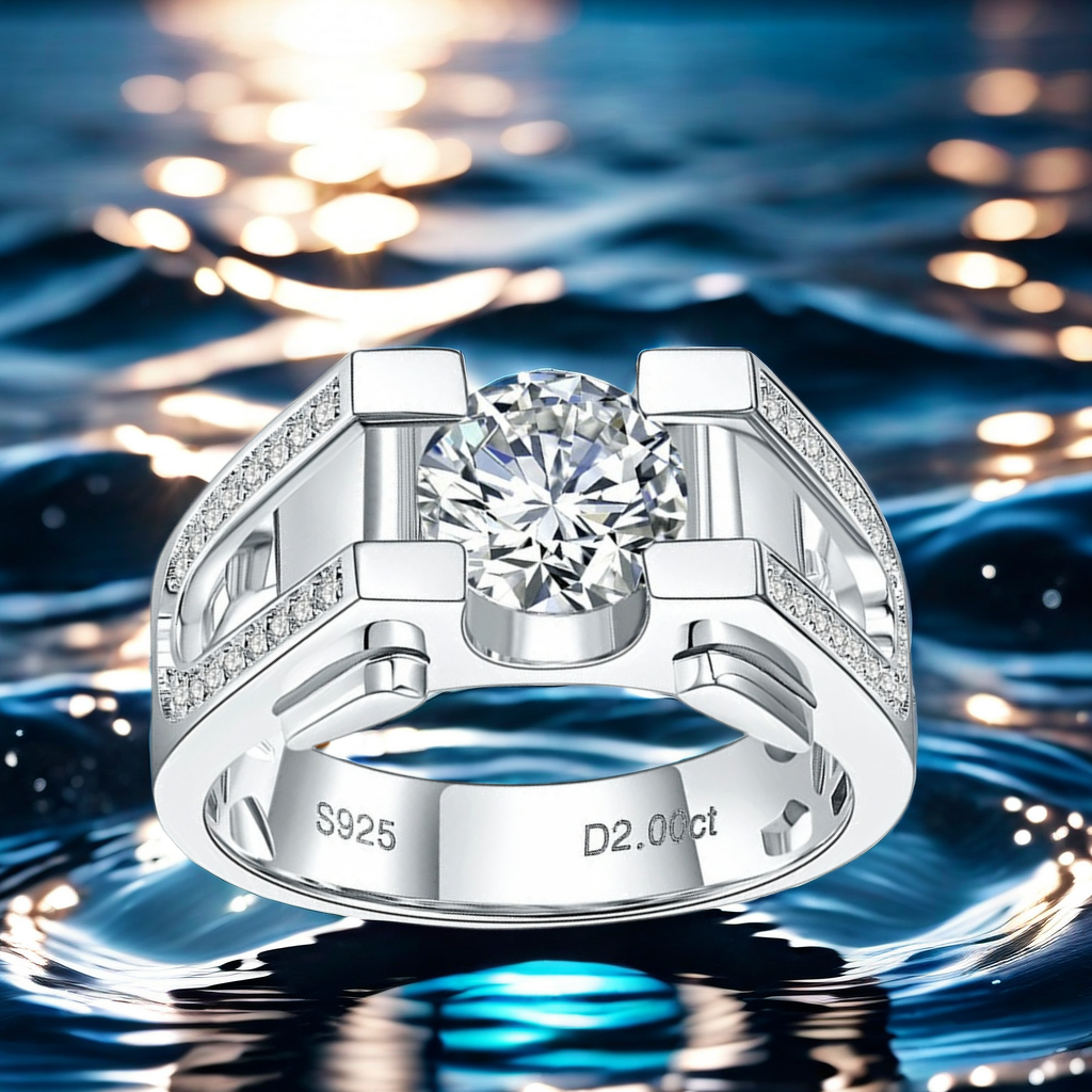925 Sterling Silver Men's Wedding Ring, 2 CT D Color VVS1 Moissanite, Classic Design Engagement wedding Business scholar Boss Ring