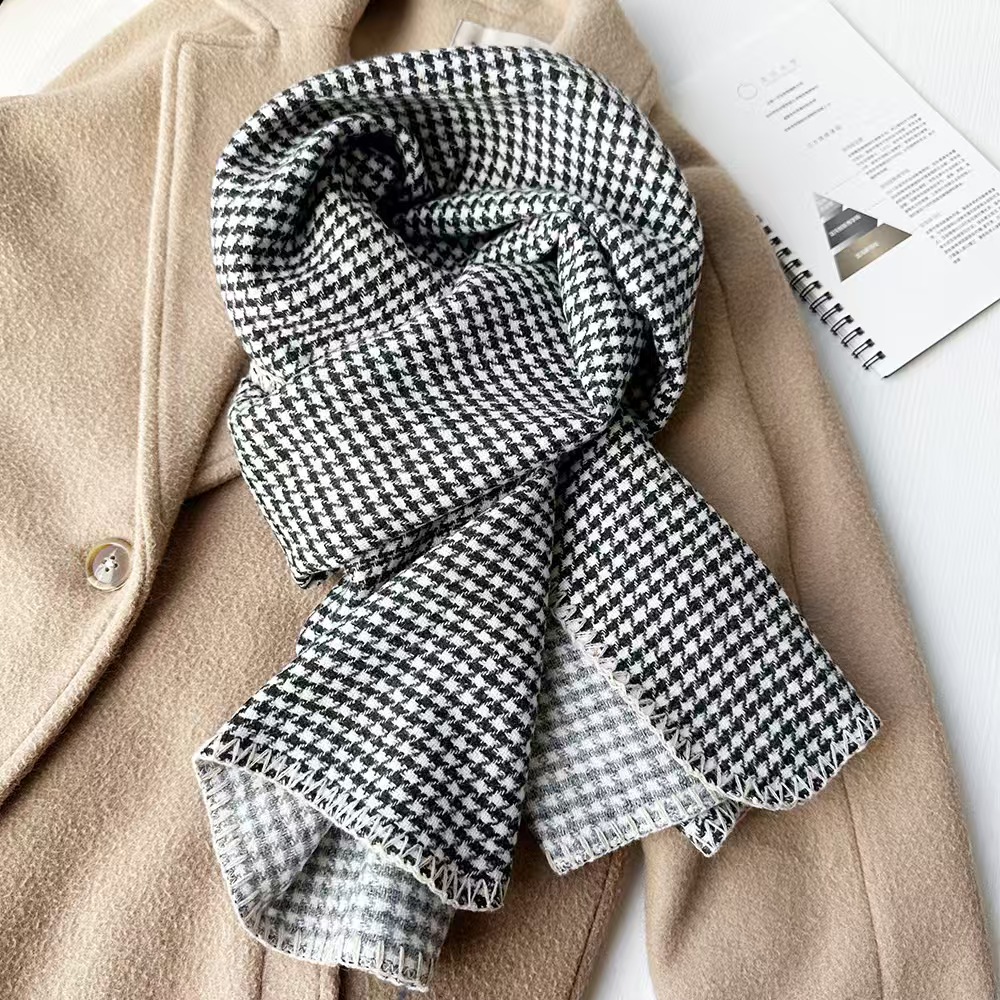 T640 double-sided houndstooth scarf female winter simple couple neck scarf hand-locked soft waxy thick shawl scarf