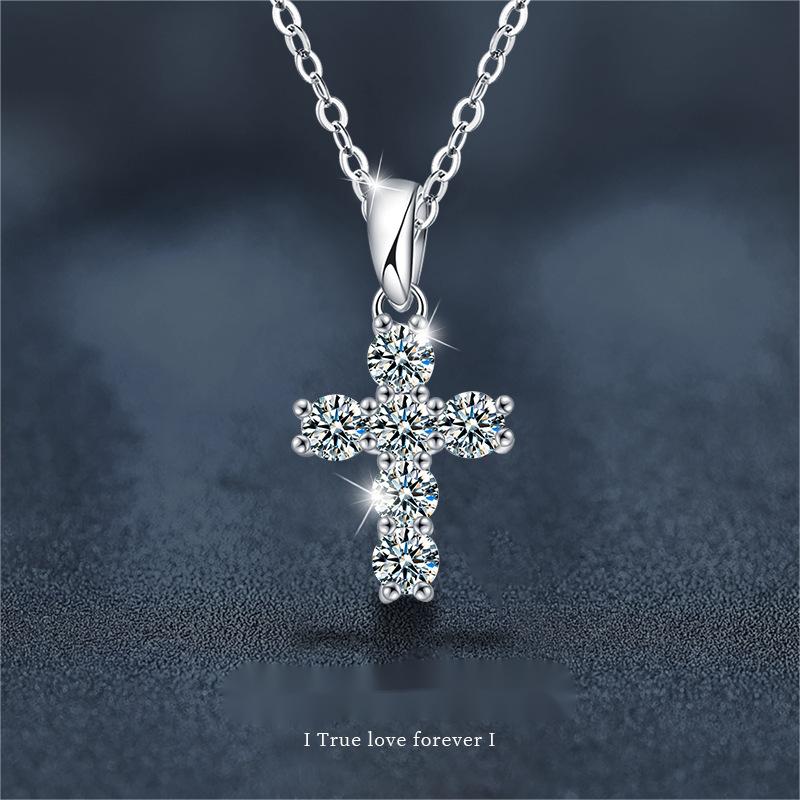 Classic Cross Moissanite Pendant Necklace - 925 Sterling Silver, Hypoallergenic, Elegant Religious Jewelry