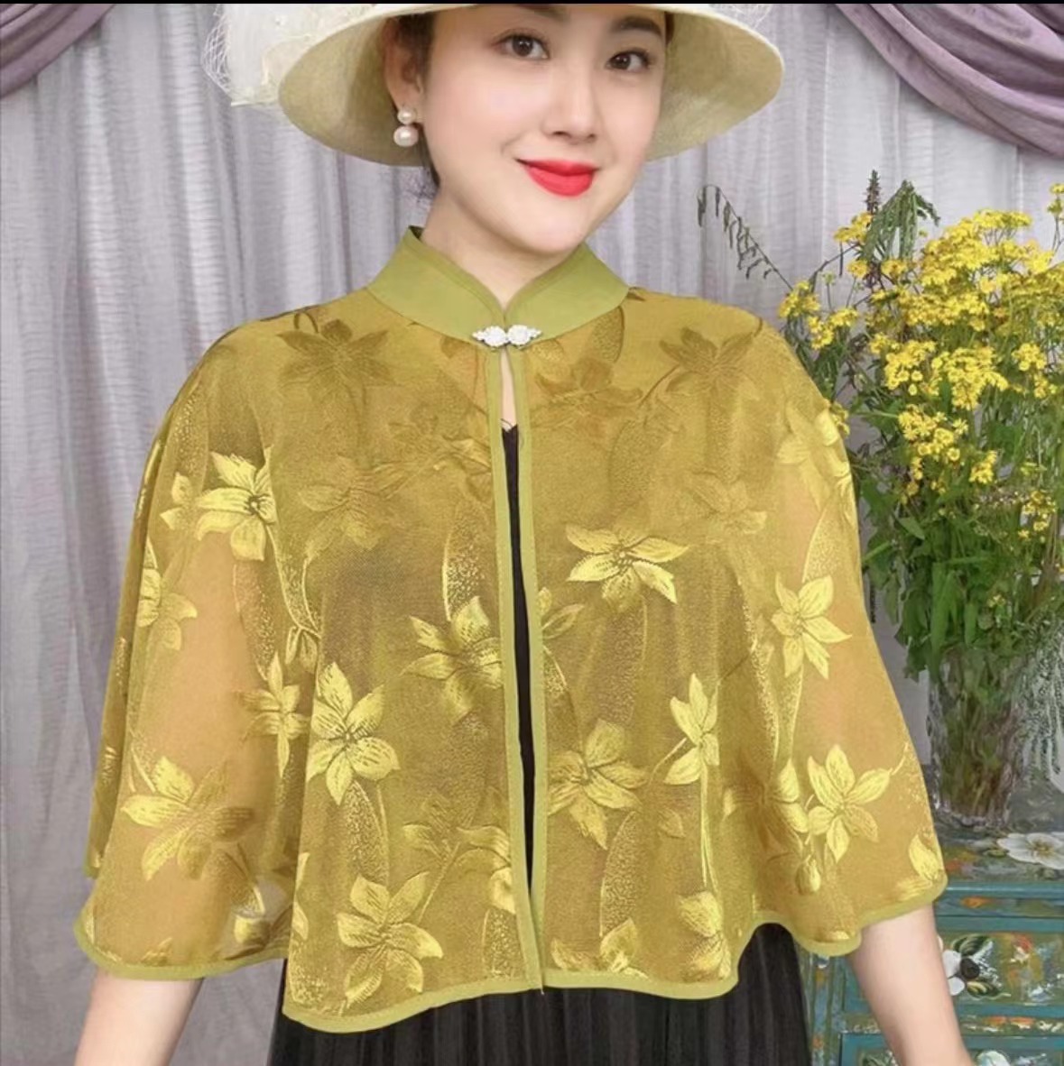 K630 Summer new hollow cheongsam shawl women's outer wear Western-style all-match skirt suspender skirt outer wear sun protection stand collar ca