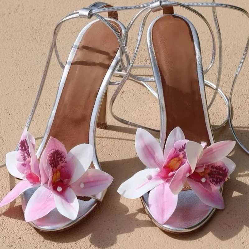 2024 Summer Womens Heel Sandals Flower Round Toe Sexy High Heels Womens Stiletto High Heels Strap Sandals Size 45 43 M250506