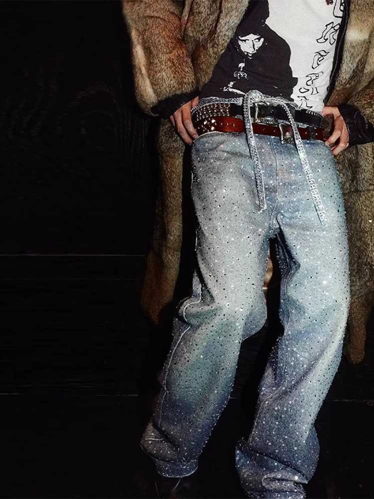 Luxury Men Women High Waist Shining Rhinestones Denim Jeans Trendy Wide Leg Baggy Pant Unisex Casual High Street Style Trousers W250506