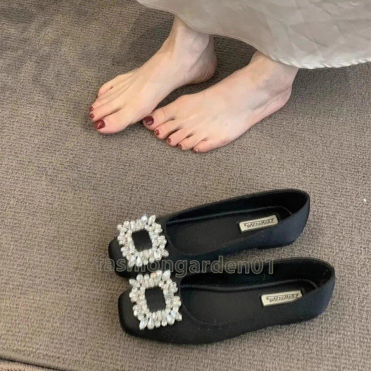 2025 designer heels women fashion loafers womens flats sandal glitter rhinestone luxury low-heel shoes satin face elegant grey beige black comfortable