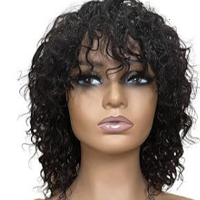 womens Wig black short curly hair with bangs small curly hair synthetic fiber full head cover