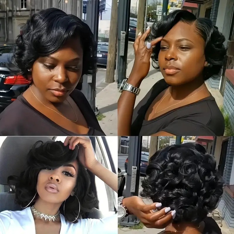 lace Front wig black slightly parted short curly hair high temperature silk fluffy synthetic fiber big wave curly hair headband