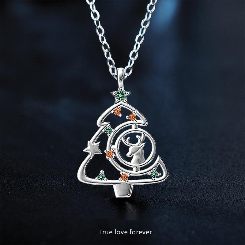 925 Sterling Silver Christmas Tree Necklace with Reindeer Pendant, Colorful Cubic Zirconia, Festive Jewelry Gift for Her