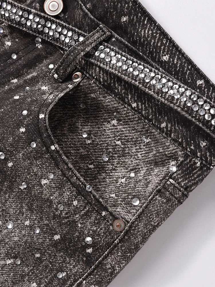 Luxury Men Women High Waist Shining Rhinestones Denim Jeans Trendy Wide Leg Baggy Pant Unisex Casual High Street Style Trousers W250506