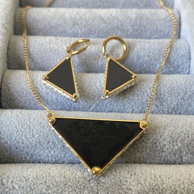 Luxury Brand Necklace Earrings Black Pendant Necklaces Stainless Steel Studs Women Lady Sets