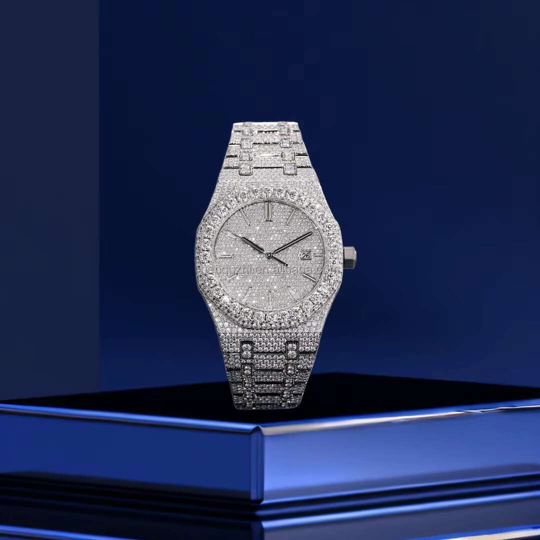 Custom VVS1 Moissanite Diamond Hip Hop Watches Automatic Handcrafted Mossanite Studded Stainless Steel Belt Men Watches
