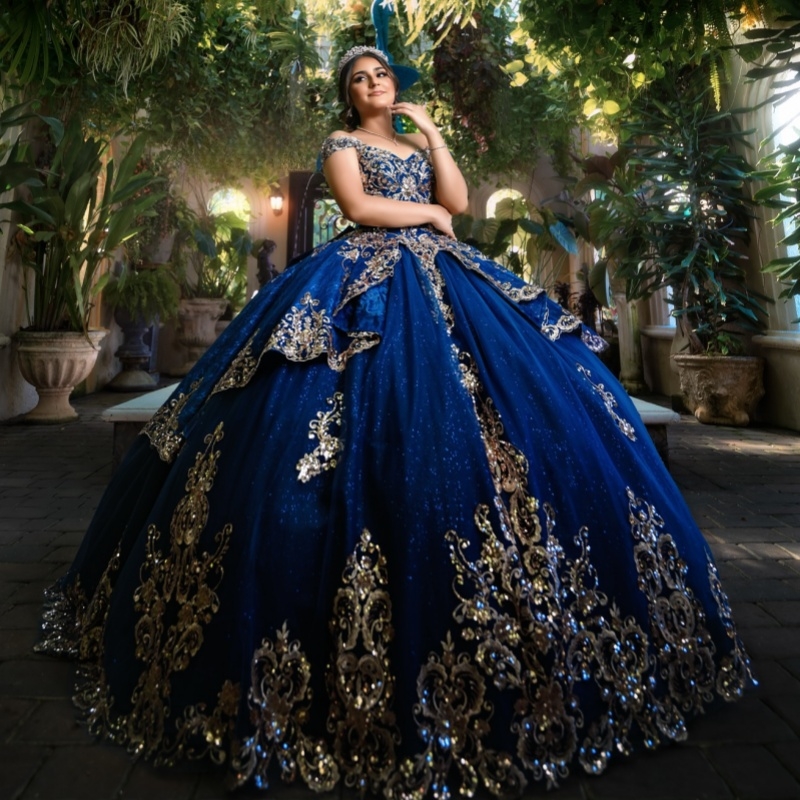 Royal Blue Shiny Quinceanera Dresses Off Shoulder Ball Gown Sweet 16 Dress Gold Applique Lace Beading Tull Birthday Party Vestidos 15 Anos