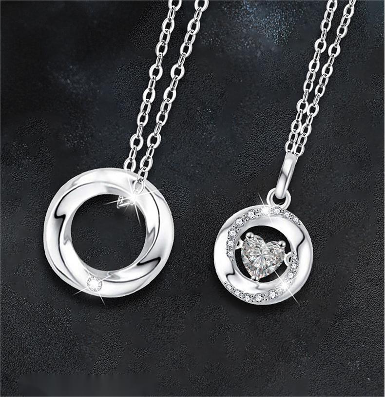 Couple Moissanite Pendant Necklaces in S925 Sterling Silver, Heart and Circle Design, Dainty Love Jewelry for Anniversary or Valentine's Gift