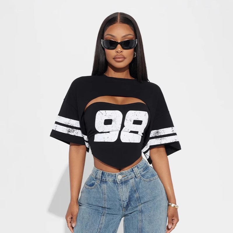 Number 13 Graphics Print T-shirt Women 2024 Sexy Hollow Out Irregular Crop Tops Female Streetwear Wild Club Tees