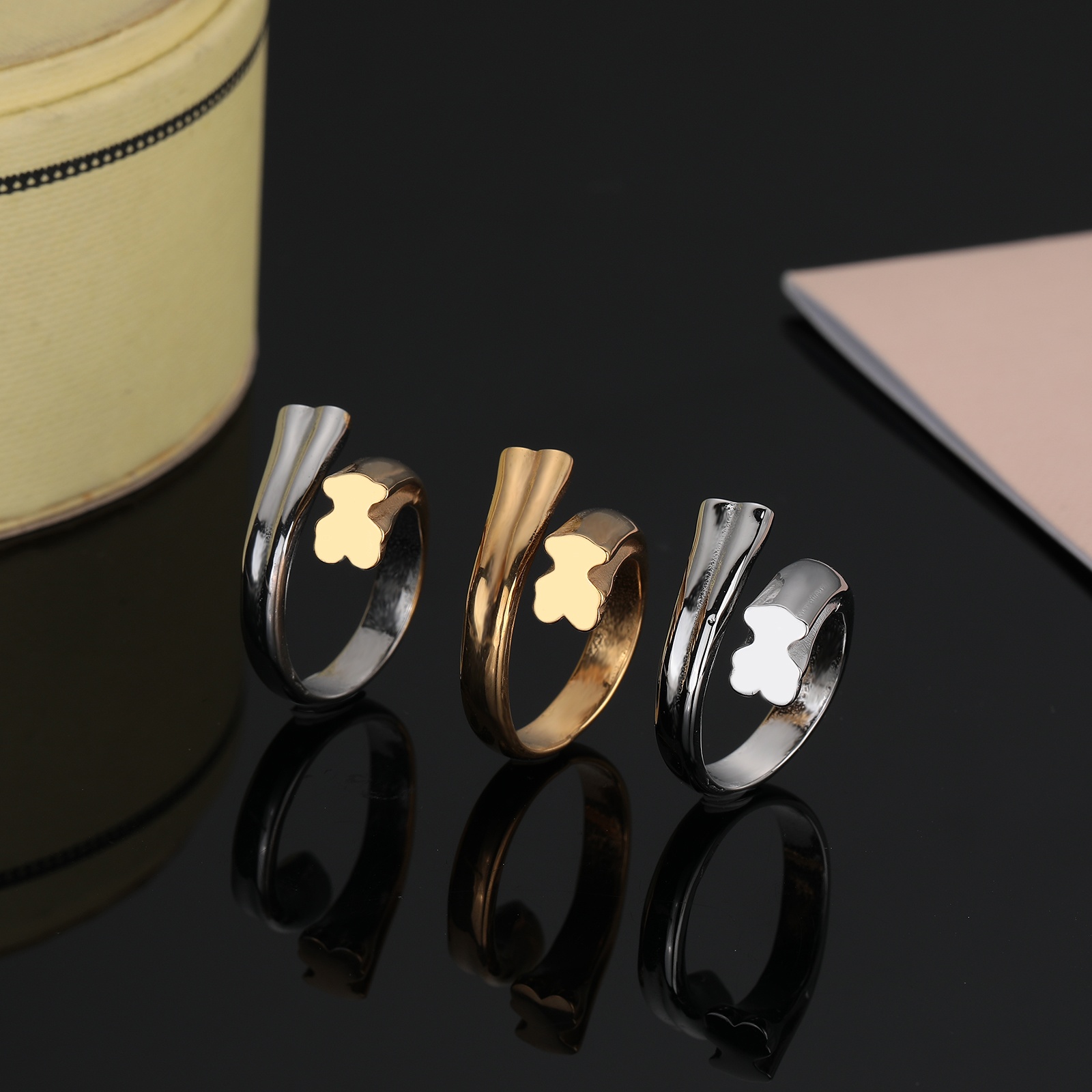 Hot Fashion Women Men Animal Bear Heart Rings Stainless Steel Silver Gold Rose Hollow Flower Circle Jewelry