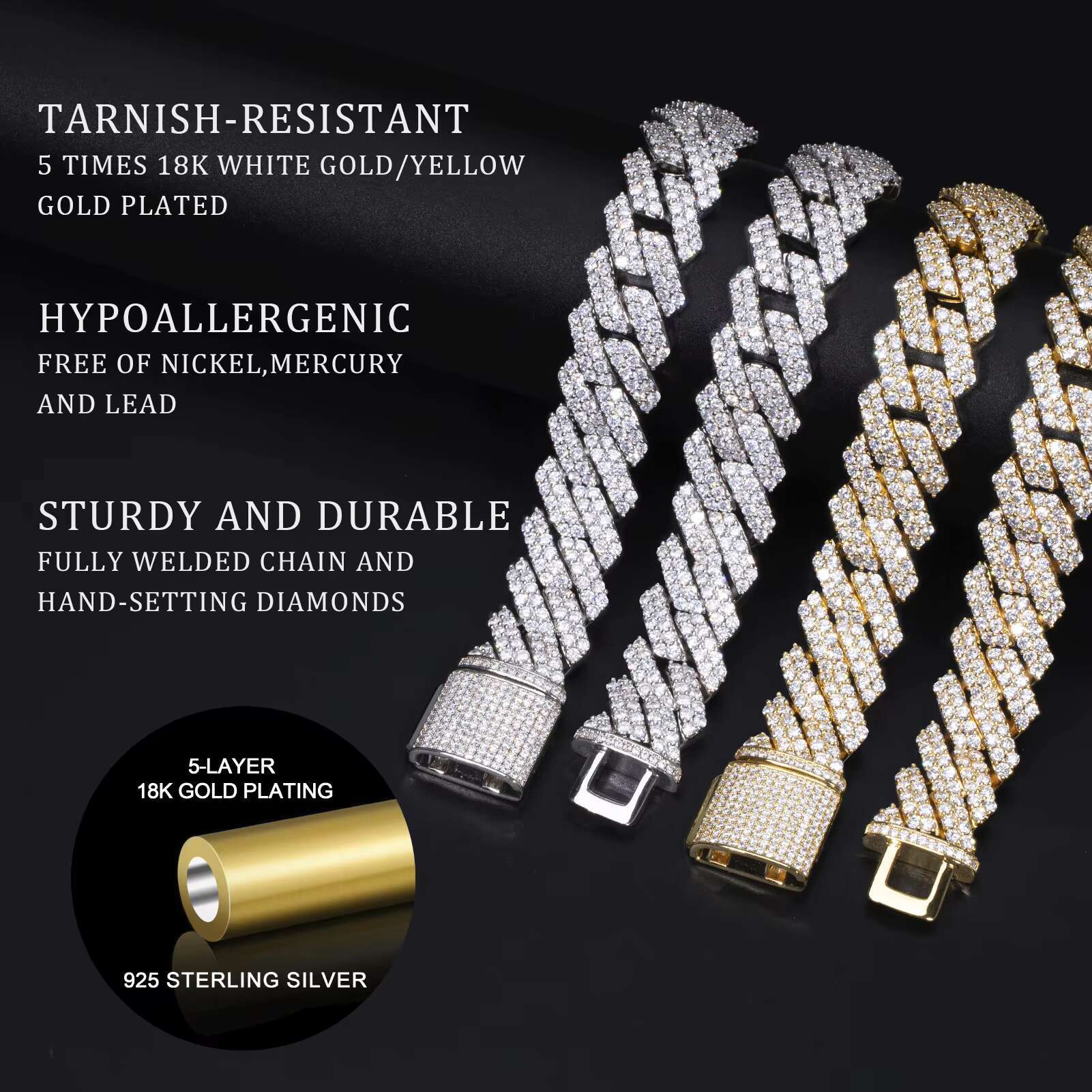Tarnish Resistant Moissanite Cuban Link Chain 6mm-20mm 925 Sterling Silver Moissanite Cuban Necklace Iced Out Chains for Men