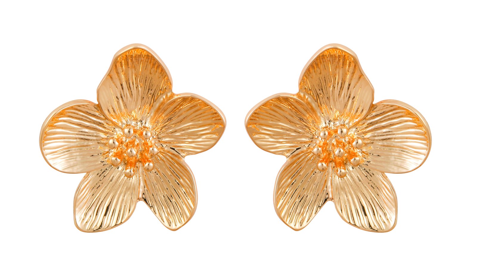5 Petal Gold Plated Flower Stud Earrings Delicate Textured Floral Design, Hypoallergenic Jewelry for Women Full of high-end feeling
