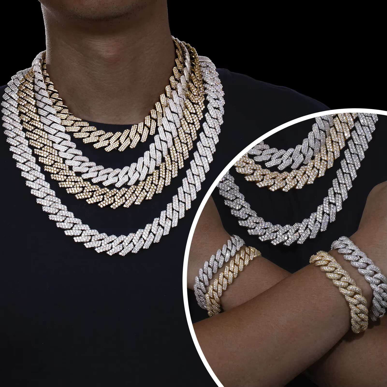 Tarnish Resistant Moissanite Cuban Link Chain 6mm-20mm 925 Sterling Silver Moissanite Cuban Necklace Iced Out Chains for Men