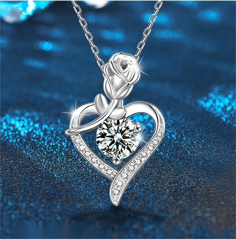 925 Sterling Silver Heart Shaped Rose Pendant Necklace for Women with Moissanite Diamond - High-End Look