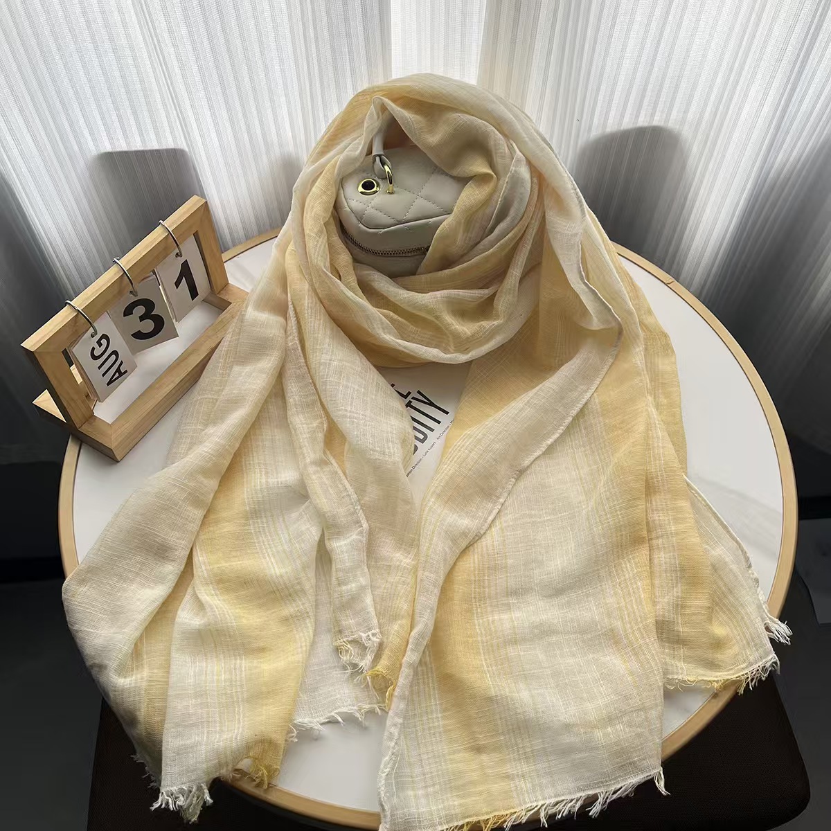 T647 Spring and Autumn Korean Cotton and Linen Scarf Women's Wide Stripes Literary Tassel Shawl Temperament Easy to Wear Scarf