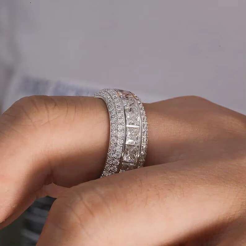 Iced Out VVS Moissanite Full Diamond Round Princess Ring 10K 14K 18K Gold Luxury Hip Hop Style Mens Wedding Ring for Women