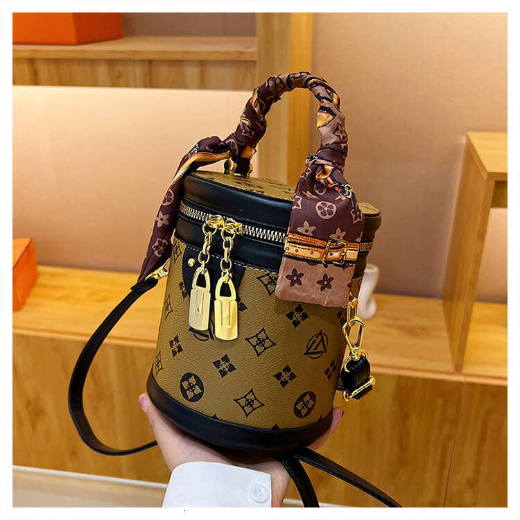 High end women's fashionable printed small with silk scarf, cylindrical bag, versatile handbag, simple single shoulder crossbody bag