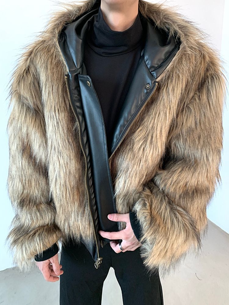 Mens Jackets Hip Hop PU Leather Jacket Handsome Mens Fur One-Piece Imitation Fur Jacket