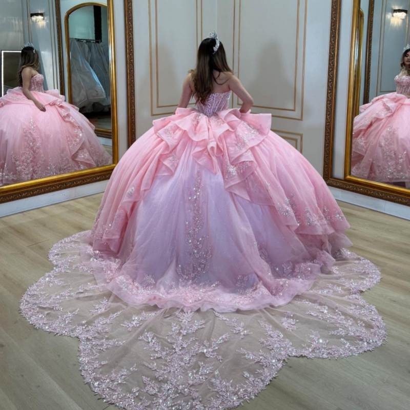 Pink Quinceanera Dresses Off Shoulder Ball Gown Sweet 16 Dress Applique Lace Beading Crystal Tull Birthday Party Vestidos 15 Anos