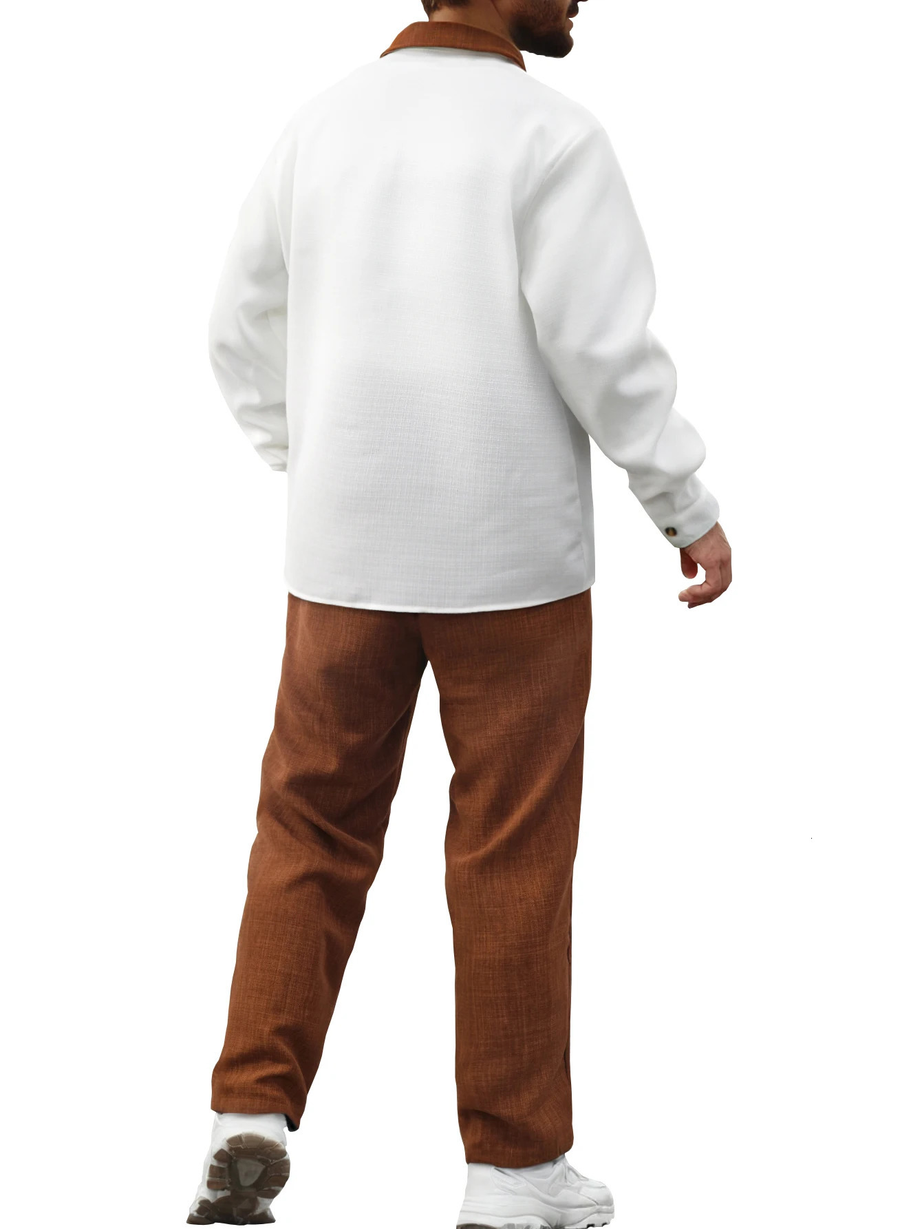 Two piece simulated cotton blocking suit collar long sleeved shirtstraight casual pants set 250430Z