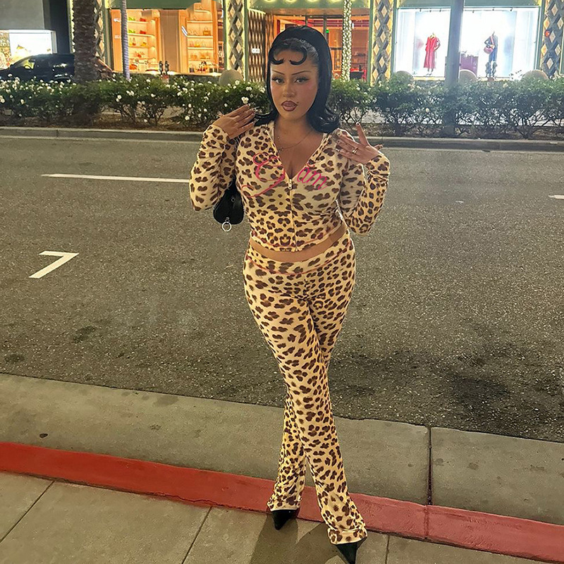 Leopard Print Crop Top Outfits Y2K Fashion Slim Zip Up Hooded Jackets Long Sleeves Vintage Letter Women's Two Piece Set