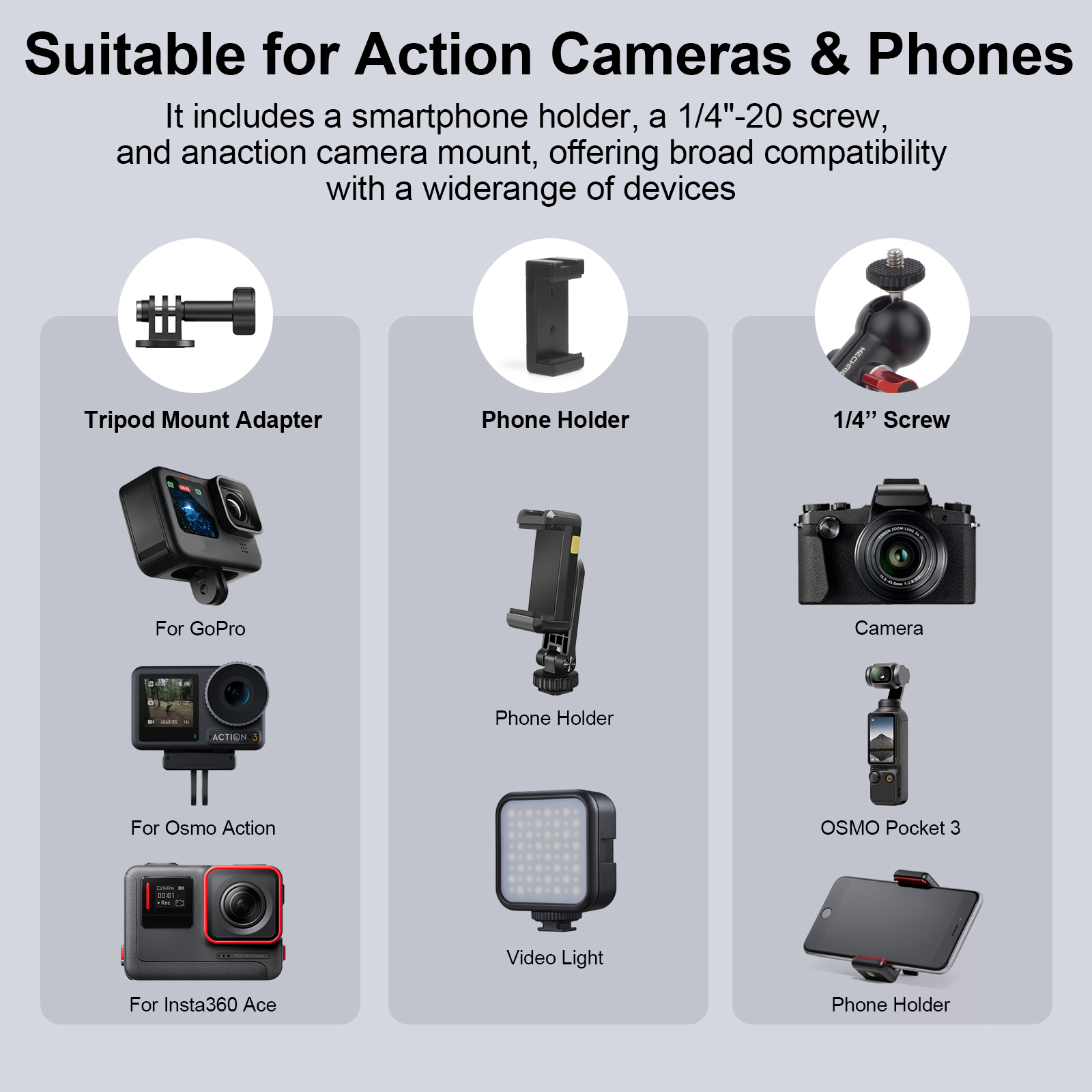 Suction Cup Car Mount with Phone Holder,360°Adjustable for Action Cameras & Smartphones,Dashboard,Boat Mount for Hero 13/12/11/10,DJI OSMO Action,Inst