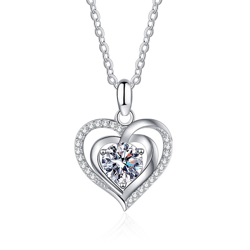 925 Sterling Silver Double Heart Moissanite Pendant Necklace Romantic Lock Collarbone Jewelry Gift for Girlfriend Birthday