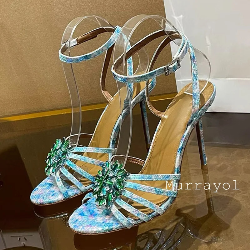 Water Diamond Flower Decorative Thin High Heels Sandals Genuine Leather Strip n Summer Party Dress Shoes 250428