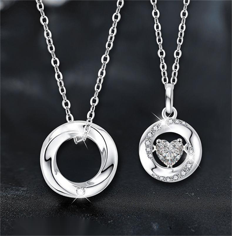 Couple Moissanite Pendant Necklaces in S925 Sterling Silver, Heart and Circle Design, Dainty Love Jewelry for Anniversary or Valentine's Gift