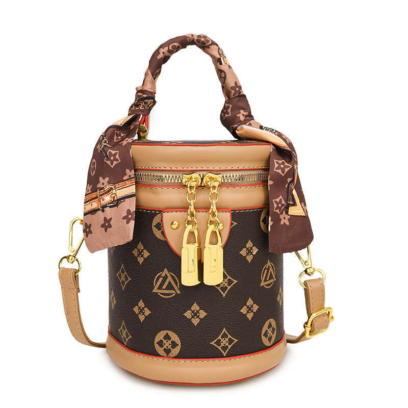 High end women's fashionable printed small with silk scarf, cylindrical bag, versatile handbag, simple single shoulder crossbody bag