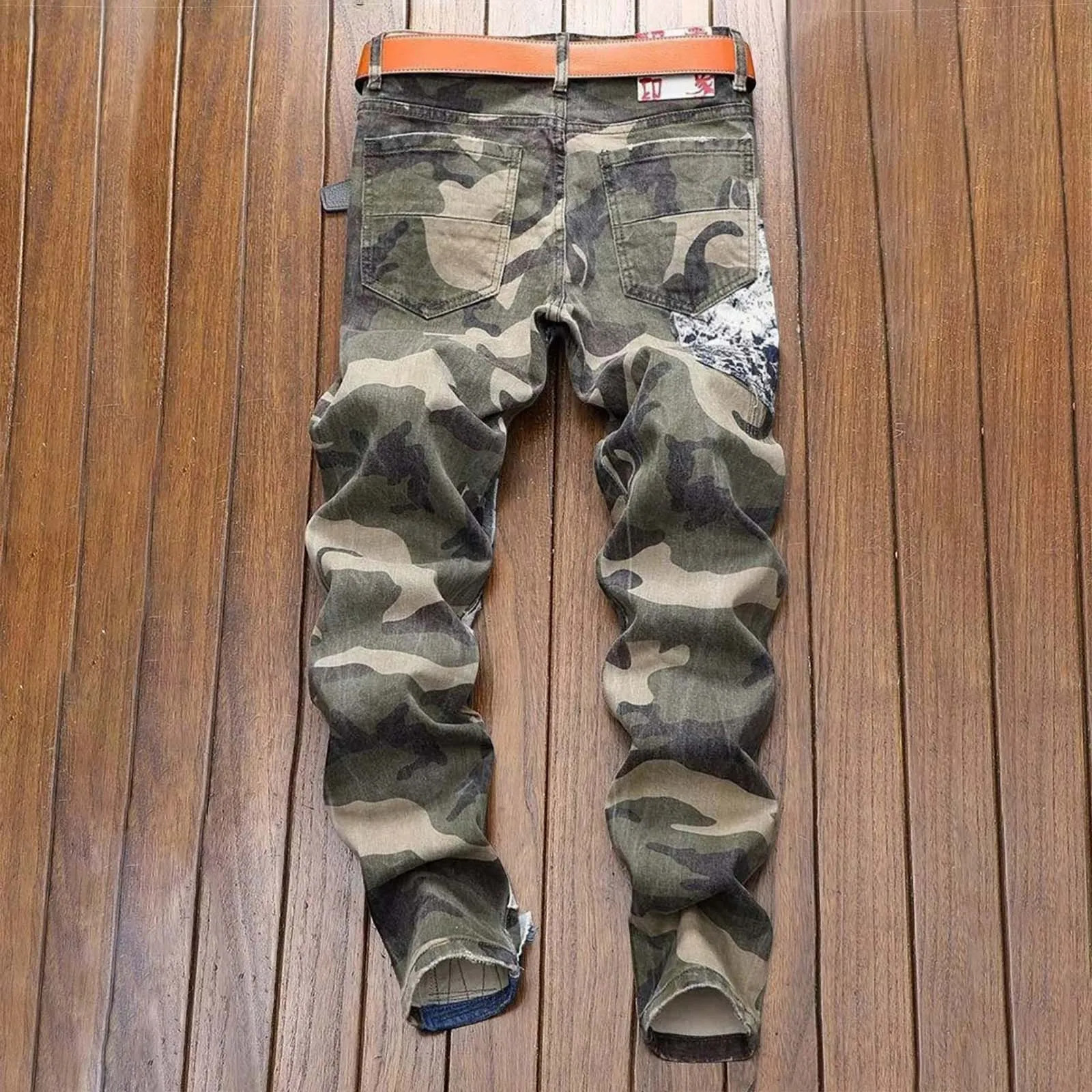 Mens Jeans Vintage Distressed Camouflage Ripped PatchworkJeans Slim Skinny Jeans Casual Denim Pants Men 250506