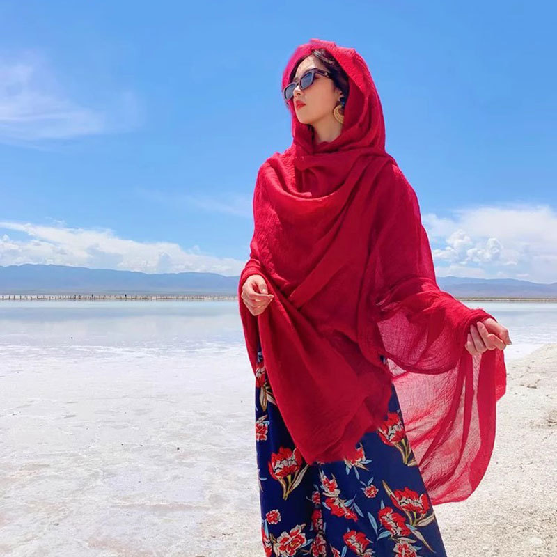 K649 Qinghai Chaka Salt Lake Travel Photo Big Red Cotton and Line Scarf Women's Desert Sunscreen Shawl Beach Travel Scarf