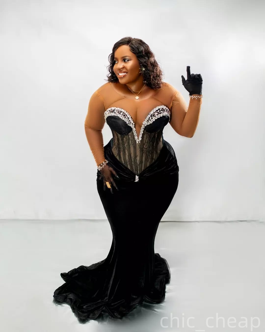Mermaid Black Plus Size Prom Dresses 2025 Velvet Crystals Pearls Sheer Neck Evening Formal Party Second Birthday Engagement Gowns Dress For Special Oc