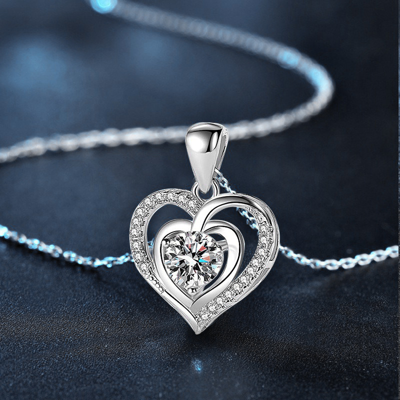 925 Sterling Silver Double Heart Moissanite Pendant Necklace Romantic Lock Collarbone Jewelry Gift for Girlfriend Birthday