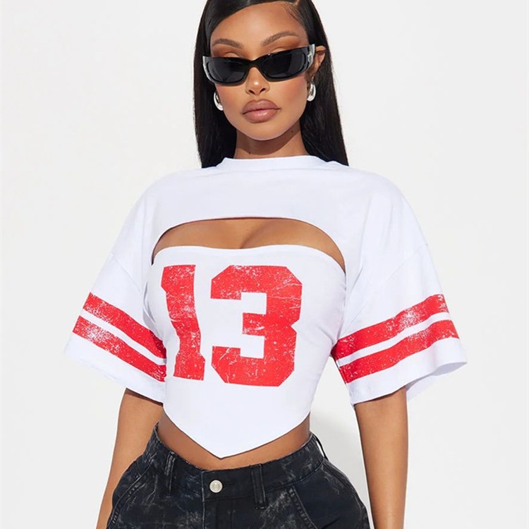 Number 13 Graphics Print T-shirt Women 2024 Sexy Hollow Out Irregular Crop Tops Female Streetwear Wild Club Tees