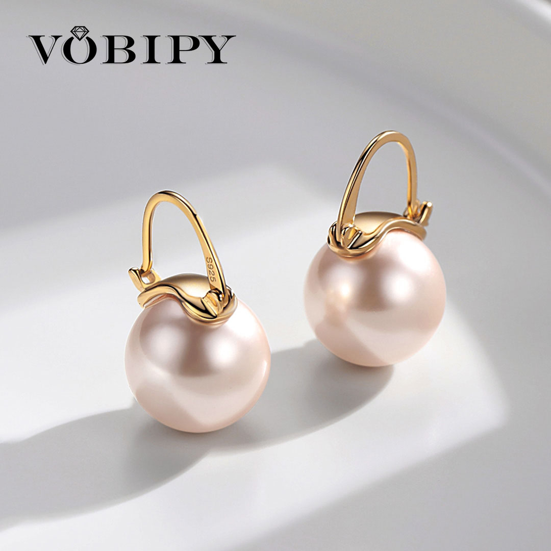 VOBIPY 925 Sterling Silver Earring Pink Color Pearl Earring For Women Wedding Party Gift Fashion Jewelry Earrings 12-14mm Shell Pearl