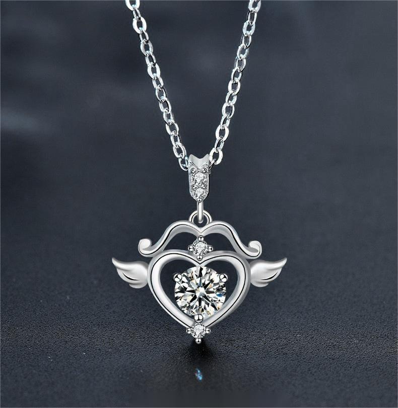 S925 Sterling Silver Cupid Arrow Heart Moissanite Necklace for Women, Dainty Pendant with Wings, Creative Gift for Anniversary or 520