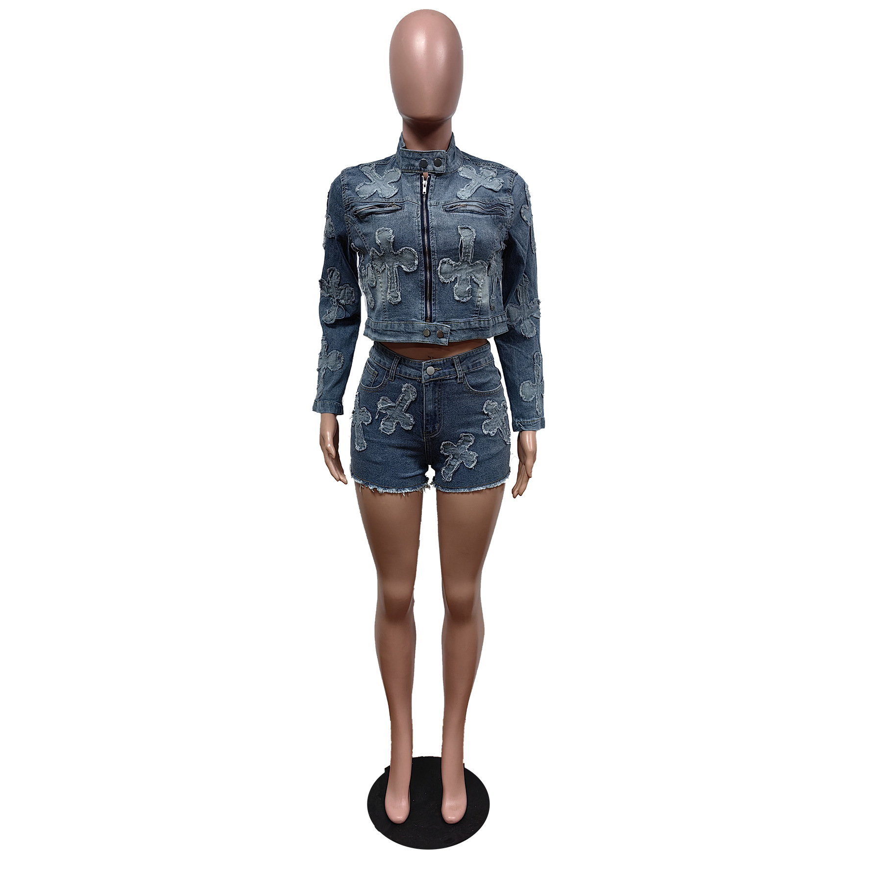 CNLONGBIDA Womens Tracksuits Sexy Denim Jean 2 Piece Matching Pant Set Outfits Summer Women Clothes Y2K Biker Shorts Suits Sets Cropped Tops